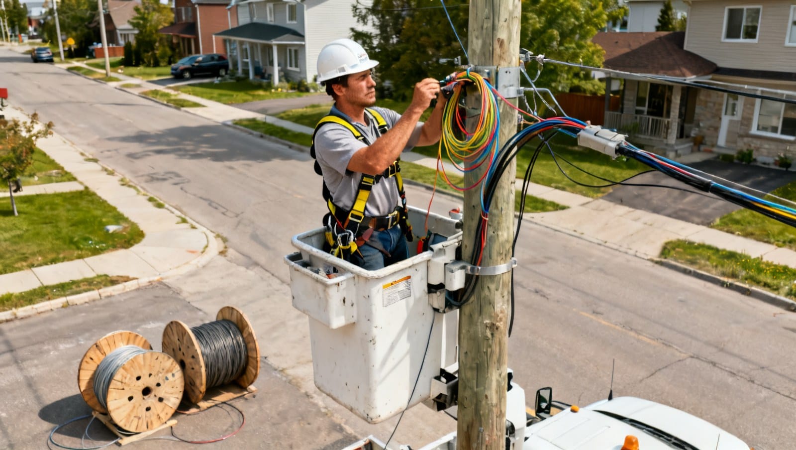 Technicien en télécommunications installe la fibre sur un poteau au Québec