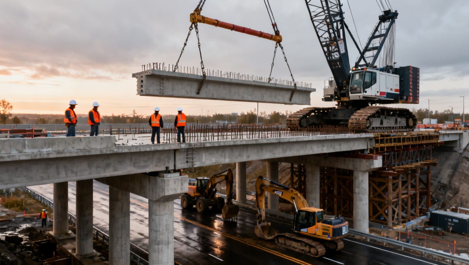Chantier d'infrastructures civiles au Québec — viaduc et pont en construction avec grue et ouvriers