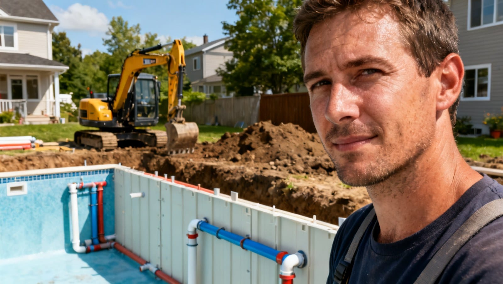 Installateurs montent une piscine creusée dans une cour au Québec