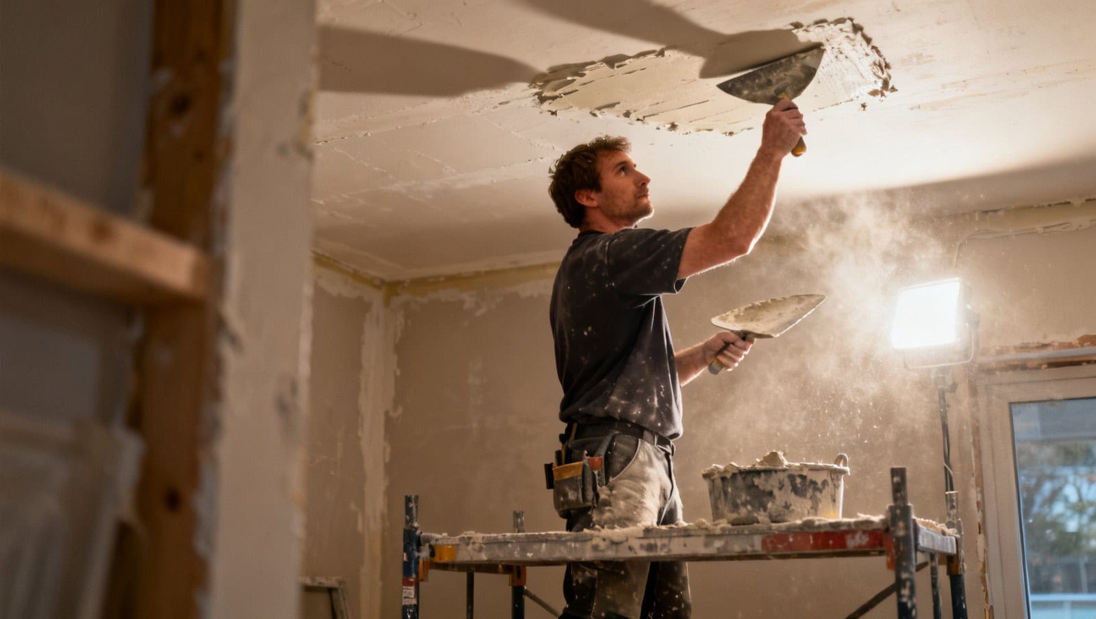 Plâtrier applique du plâtre sur un plafond lors d'une rénovation au Québec