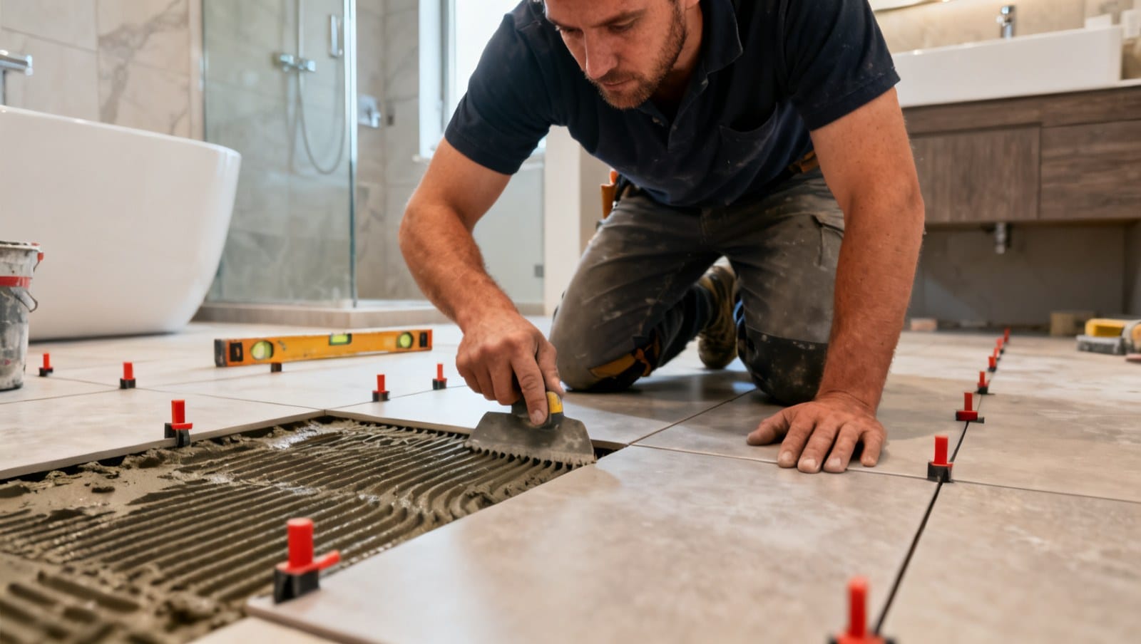 Poseur de céramique installe des carreaux dans une salle de bain au Québec