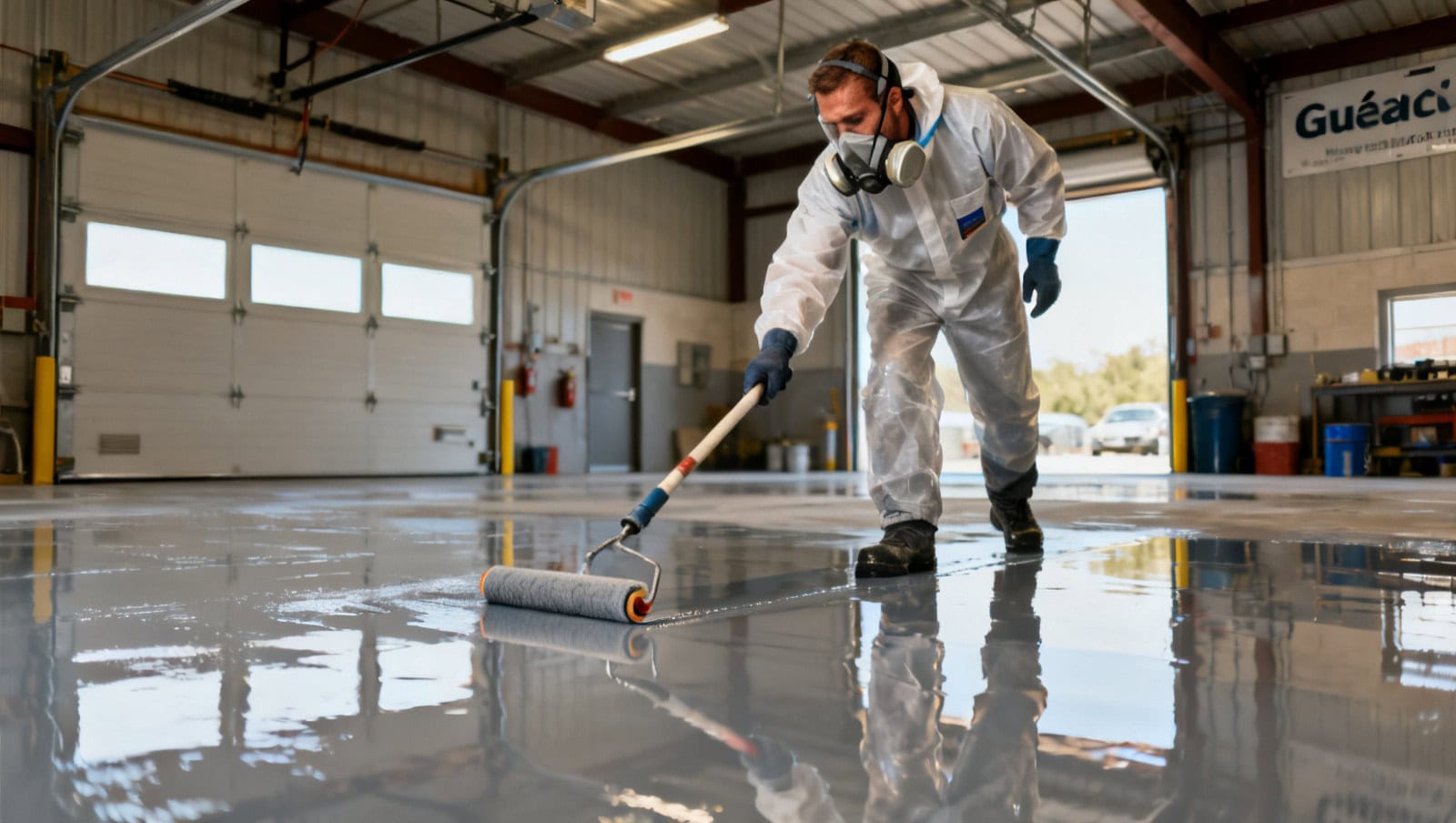 Applicateur applique un revêtement époxy sur un plancher industriel au Québec