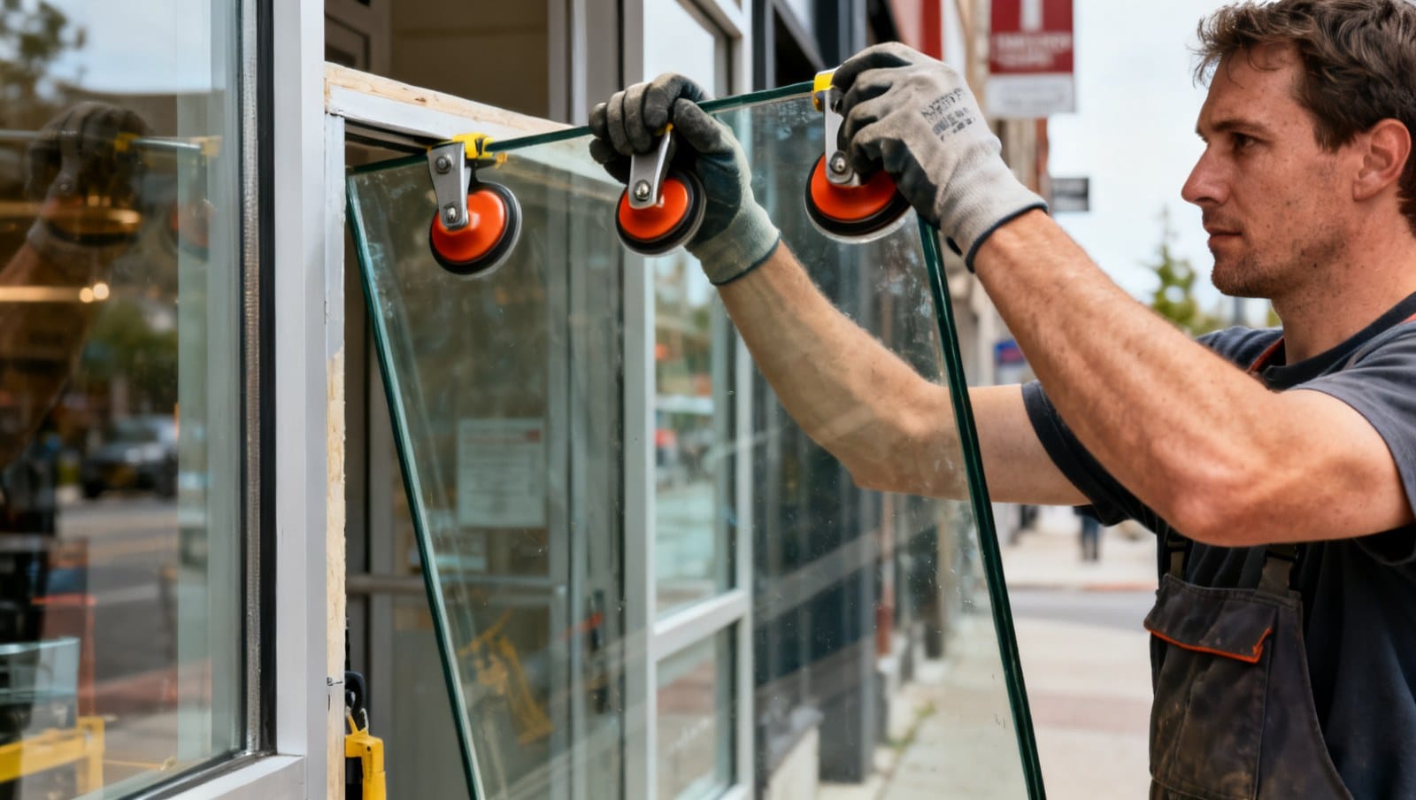 Vitrier installe une grande vitre dans une devanture commerciale au Québec