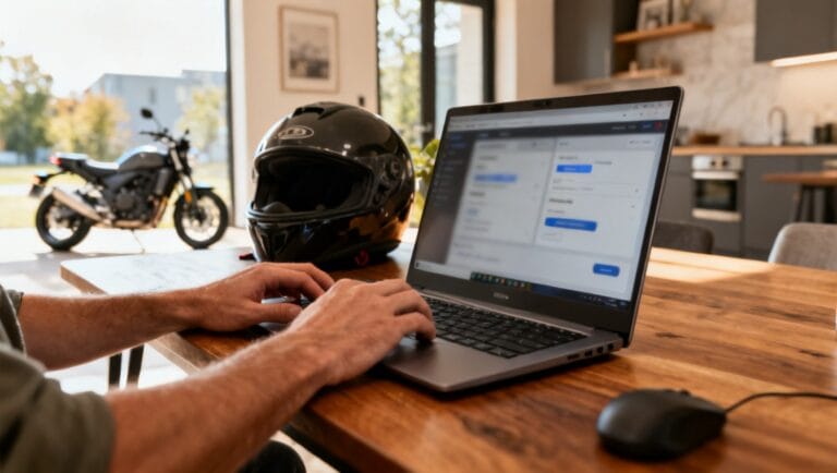 Utilisateur gérant ses assurances en ligne avec un ordinateur portable dans un café moderne.