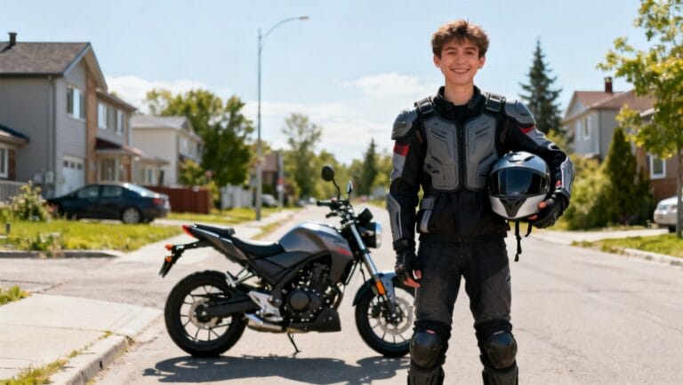 Homme avec casque et équipement de moto devant une moto dans une rue résidentielle.