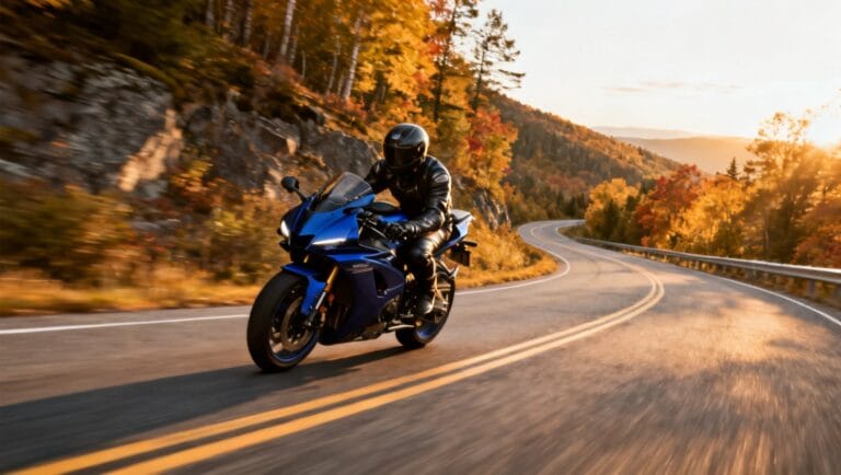 Moto sportive en virage sur route de montagne en automne.