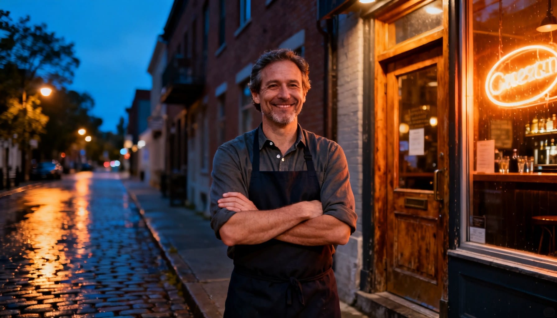 Propriétaire d'un bar-brasserie québécois debout devant son commerce au crépuscule