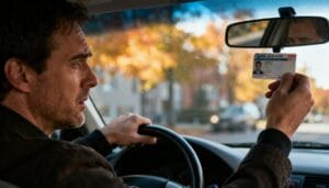 Homme vérifiant sa carte d'identité dans la voiture.