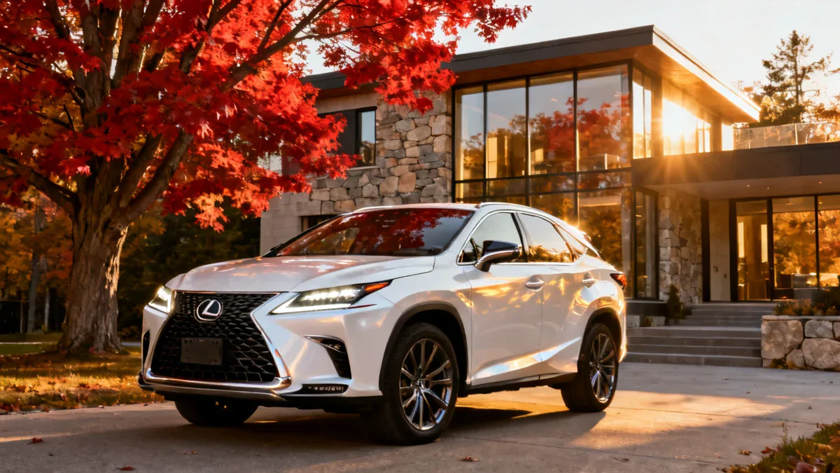 Lexus RX 500h F Sport blanc perle stationné devant une résidence de luxe québécoise contemporaine avec érables rouges — assurance auto Lexus Québec