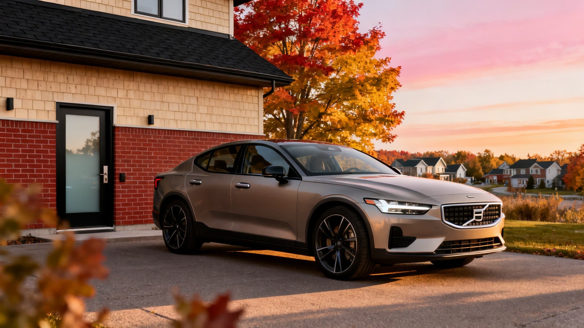 Voiture grise élégante garée devant une maison en automne.