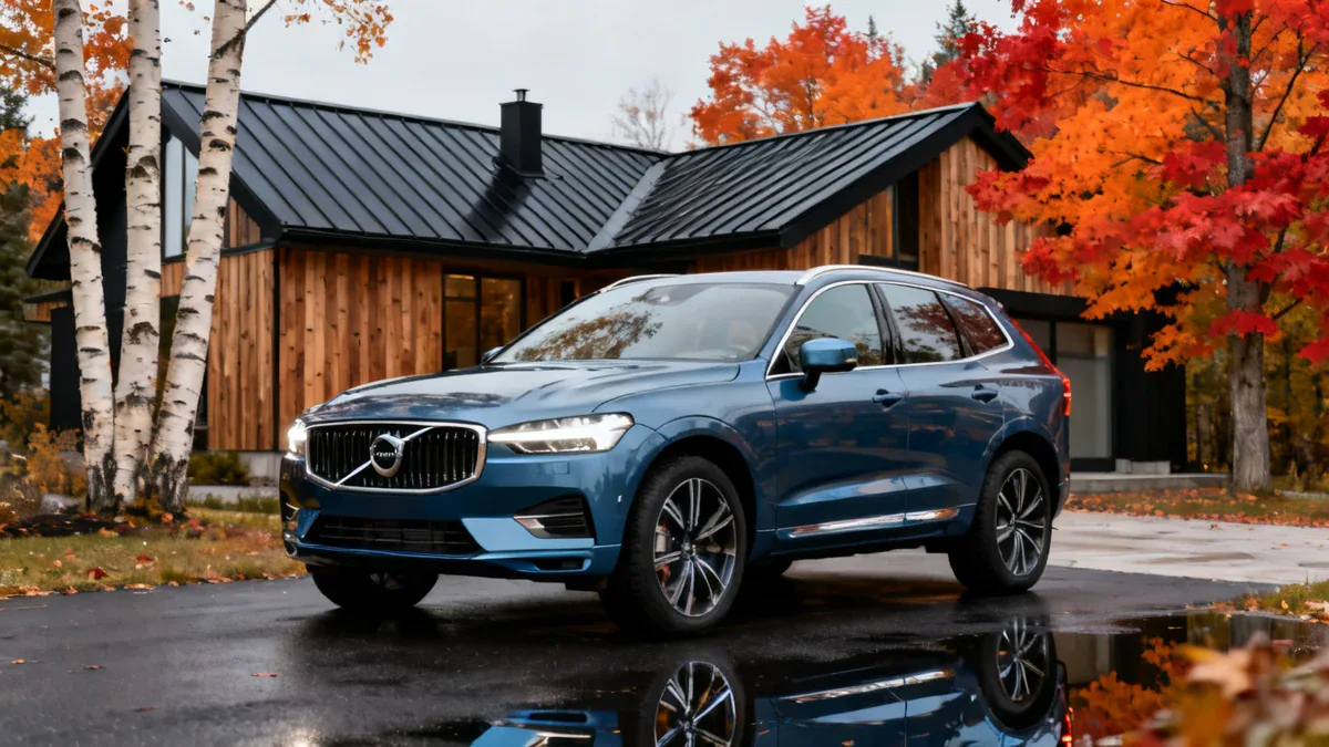 Volvo XC60 T8 bleu métallique stationné devant une résidence contemporaine québécoise avec toit métallique noir et arbres aux couleurs d'automne — assurance auto Volvo Québec