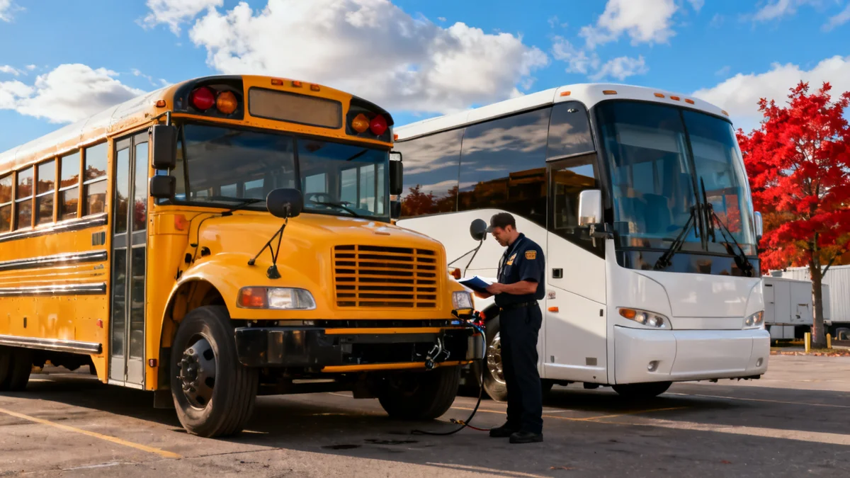 Autobus scolaire jaune et autocar touristique blanc stationnés côte à côte dans un dépôt québécois — assurance flotte autobus Québec