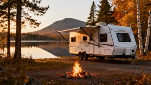 Roulotte VR de voyage blanche stationnée près d'un lac au camping québécois en automne avec feu de camp — assurance roulotte camping Québec