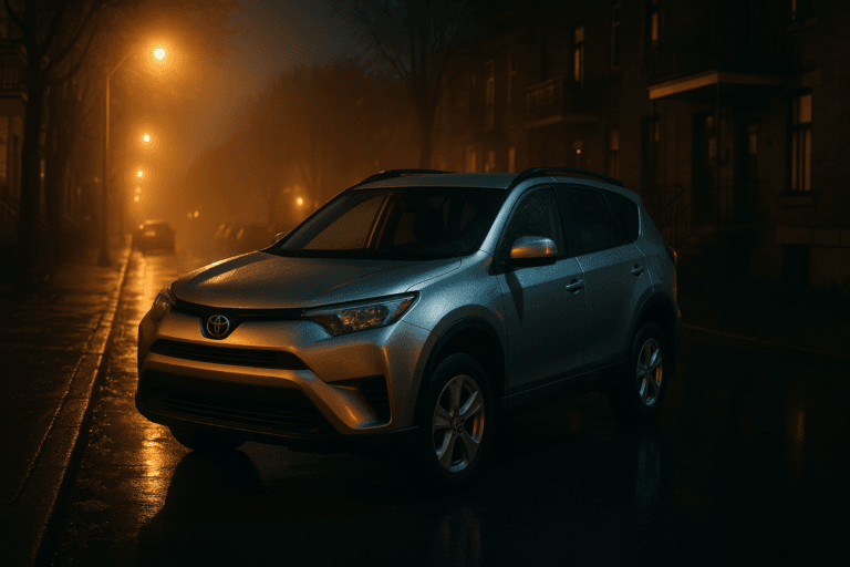 Voiture Toyota stationnée dans une rue sombre la nuit.