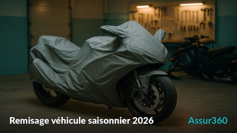 Véhicule de moto couvert dans un garage.