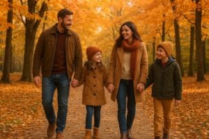 Famille marchant dans un parc en automne avec des feuilles orange.