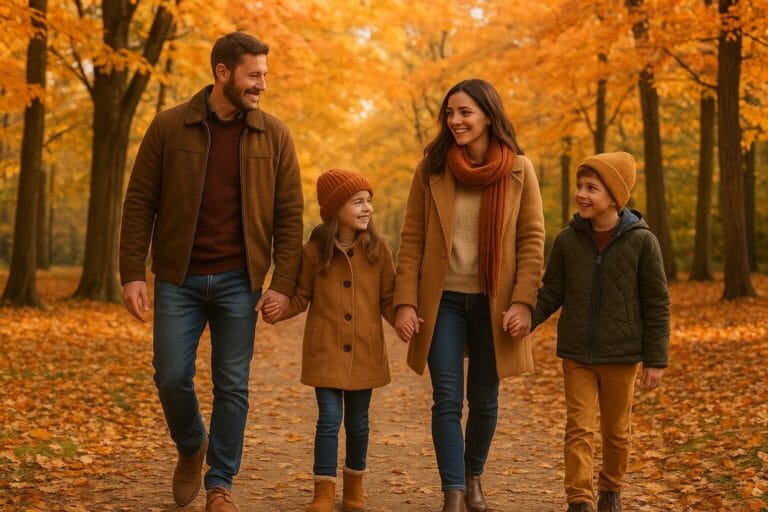 Family walking in a park in autumn with orange leaves.