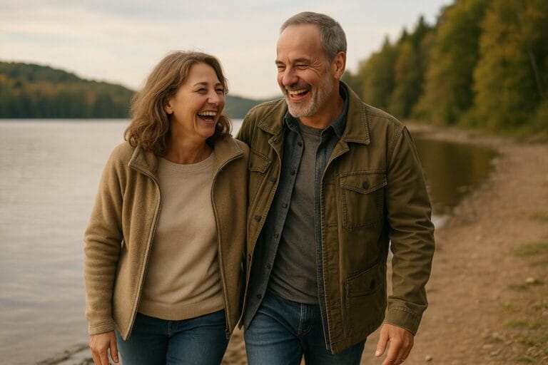 Un couple de seniors souriant lors d'une promenade au bord de l'eau.