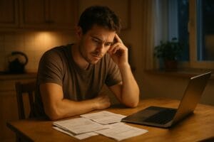Pensive man looking at a laptop in a kitchen.