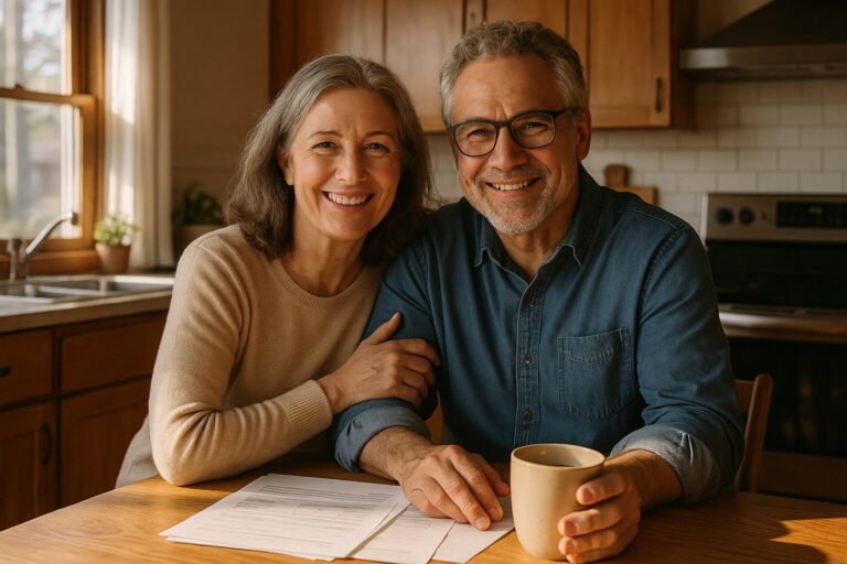 Un couple heureux assis à la table de cuisine avec une tasse de café.