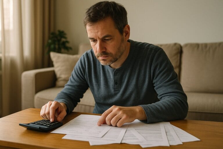 Homme concentré utilisant une calculatrice et des documents.