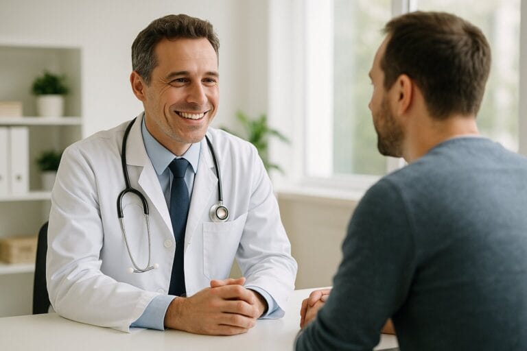 A doctor talking with a patient in a doctor's office.