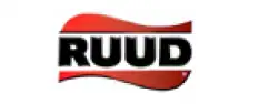 Logo featuring the word "RUUD" in bold black text with a white outline, set on a red, wavy background.