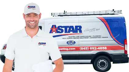 Smiling technician in Astar uniform stands next to a branded Astar service van with HVAC and contact information.