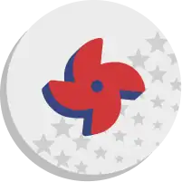 A vibrant red and blue pinwheel design spins against a gray backdrop, adorned with scattered stars, reminiscent of Astar's celestial charm.