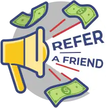 An illustration features a megaphone with "Refer a Friend" text, surrounded by dollar bills, evoking the dynamic energy of the Astar network.