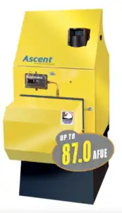 Yellow Ascent heating unit with controls and a digital display, labeled "Up to 87.0 AFUE.