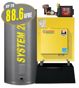A yellow System 2000 heating unit is next to a cylindrical tank labeled "SYSTEM 2000." A label indicates an efficiency of up to 88.6 AFUE.