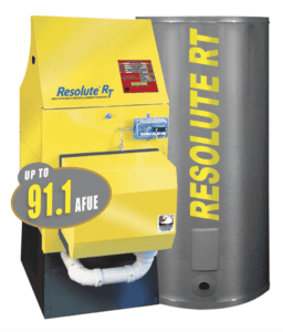 Yellow Resolute RT boiler with a cylindrical tank, featuring "Resolute RT" text and "Up to 91.1 AFUE" badge.