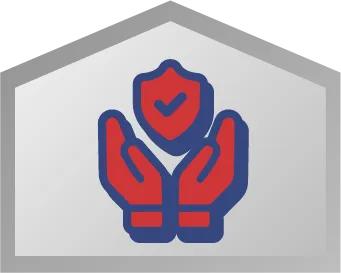 Two red and blue hands hold a shield with a checkmark, set against a gray, house-shaped background.