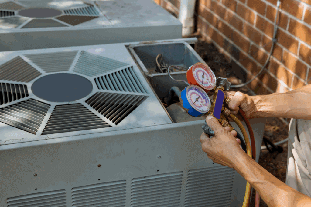 A person uses HVAC manifold gauges to check the refrigerant levels in an outdoor air conditioning unit next to a brick wall during a heating installation.