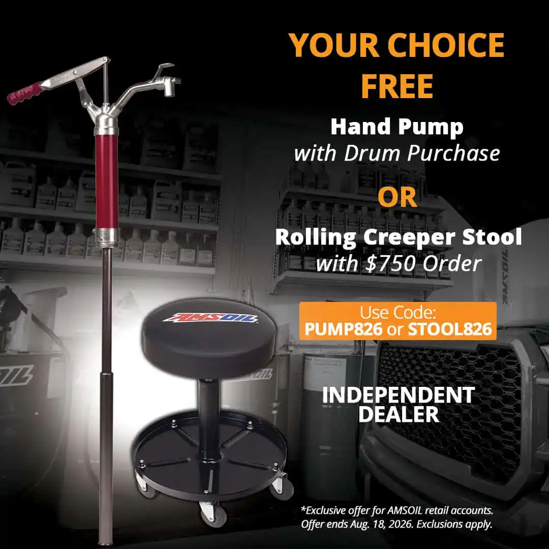 Free Amsoil Hand Pump With Purchase Of A 55-gallon Drum Or Creeper Stool With Order Of $750+