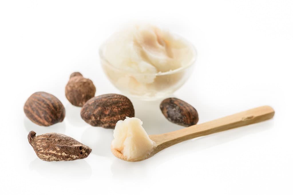 Shea im Glas mit Nüssen und löffel hochwertige Parkii Shea Butter