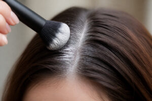 Une femme qui applique du shampoing sec naturel