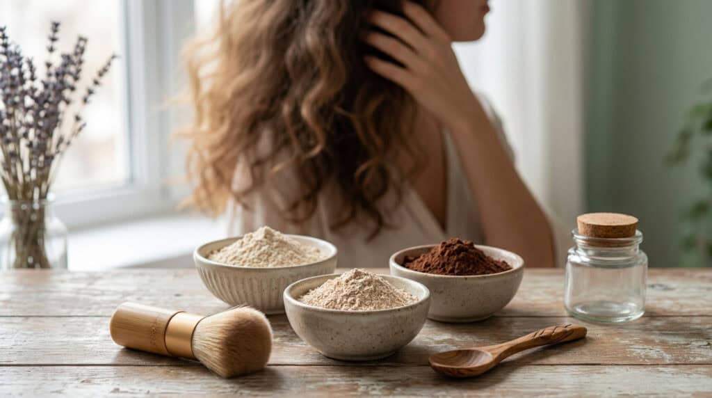 Plusieurs produits pour un shampoing sec naturel