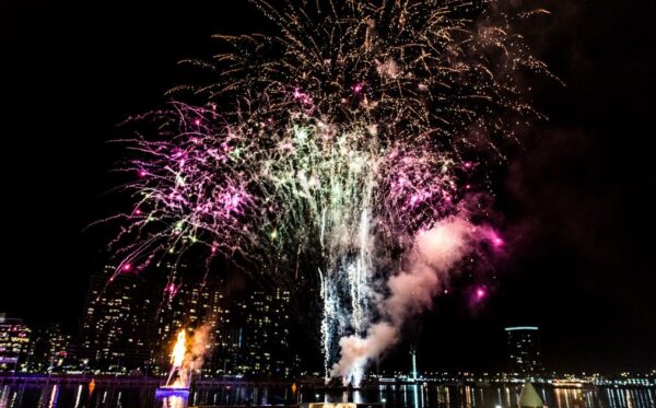 Spectacular fireworks display over Melbourne Harbour for New Year's Eve.