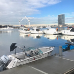 Boat-4-Hire Melbourne boat dock with yachts and city skyline.