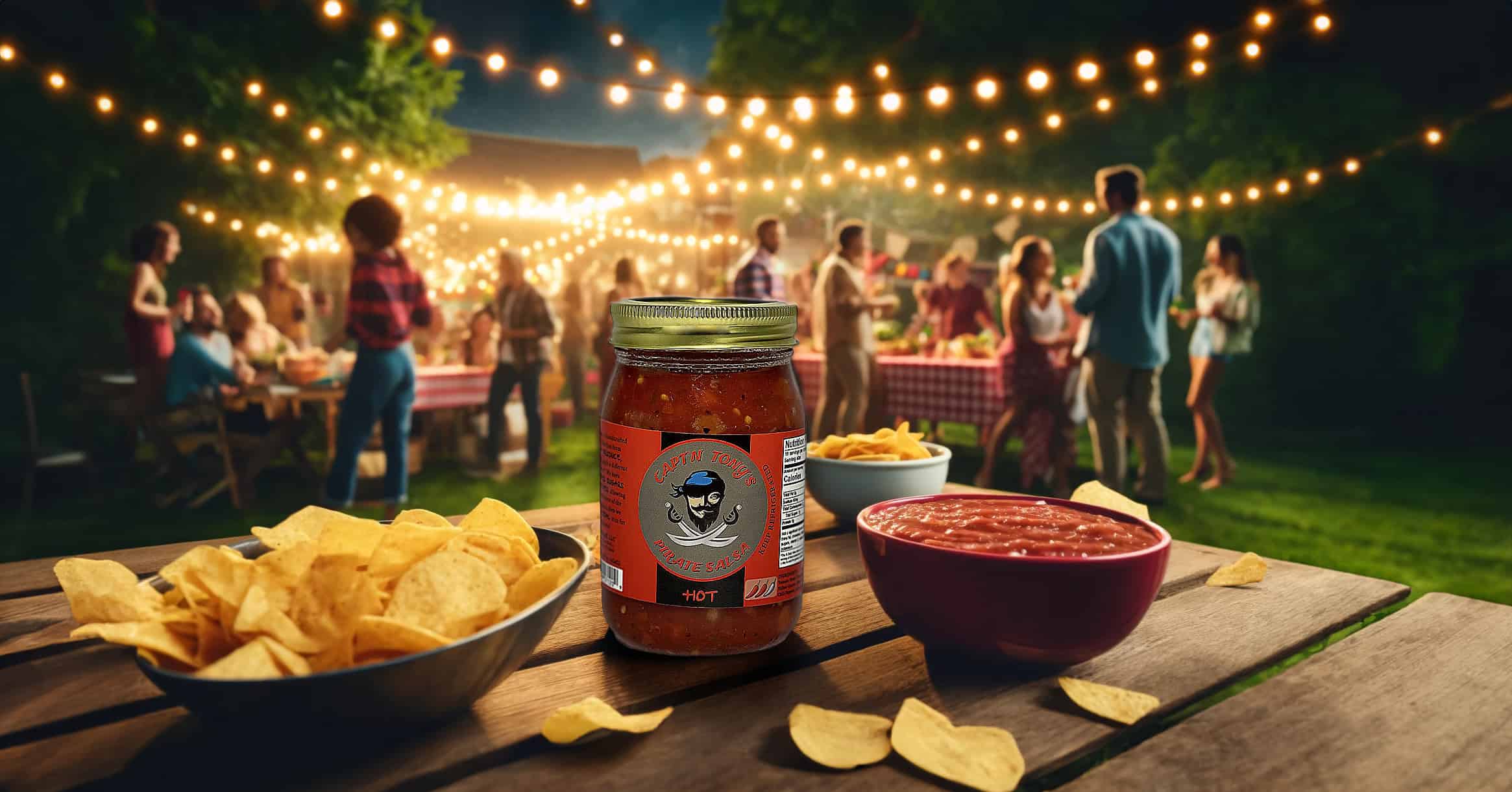 Jar of spicy salsa with chips on a table at an outdoor gathering.