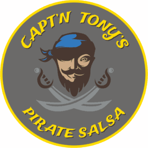 Pirate-themed logo for Captain Tony's artisan salsa company in Florida.