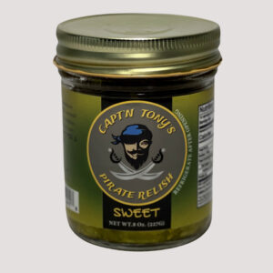 Captain Tony's Pirate Relish jar with green label and gold lid.