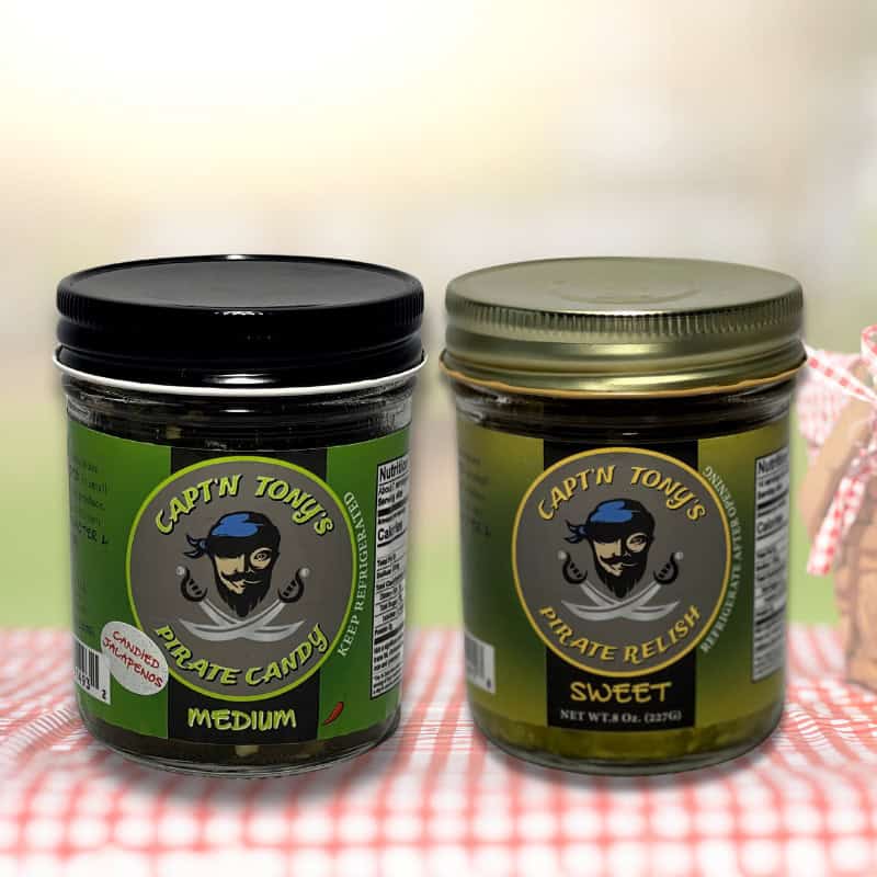 Two jars of artisan salsa and relish from Capt'n Tony's Pirate Picnic Pack, Florida-based small-batc.