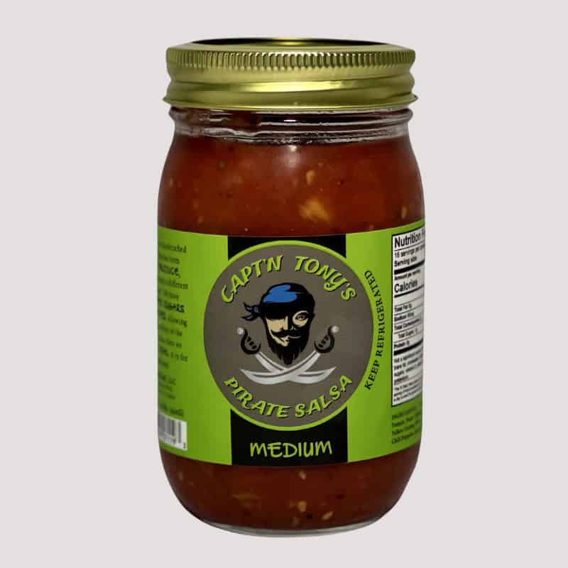 Jar of Captain Tony's Pirate Salsa with a green label and gold lid.