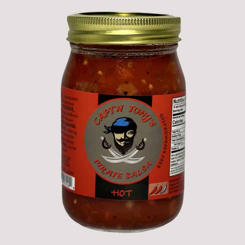 A jar of Captain Tony's Hot Pirate Salsa featuring a pirate logo and spicy flavor.