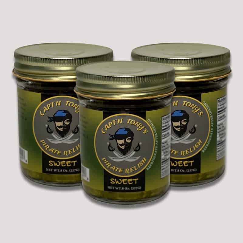 Three jars of Capt'n Tony's Sweet Pirate Relish on a neutral background.
