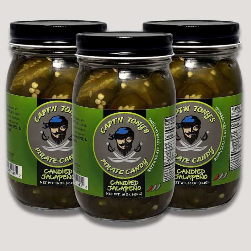 Three jars of Capt'n Tony's candied jalapeños with pirate-themed labels.
