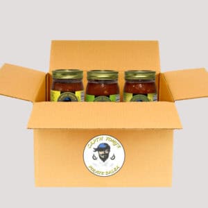 Box of Captain Tony's fresh homemade salsa jars ready for shipping.